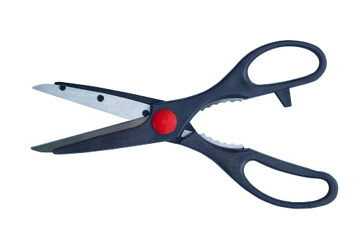 Kitchen scissors of black plastic isolated on a white background. with Clipping path.