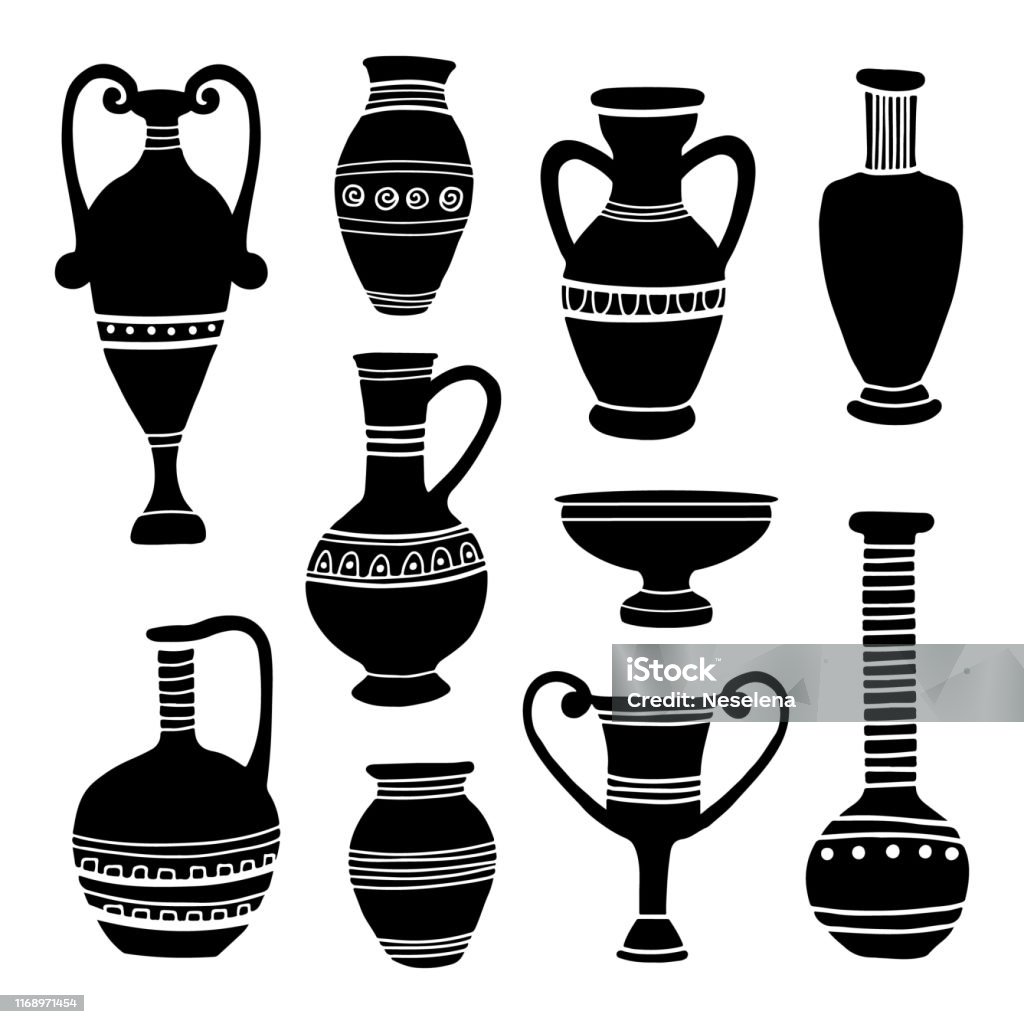 Ancient Clay Vases Egyptian And Hellenic Pots Amphoras And Jugs Art And  Crafts Concept Hand Drawing Black Archeological Silhouettes Vector Flat  Cartoon Illustration Stock Illustration - Download Image Now - iStock