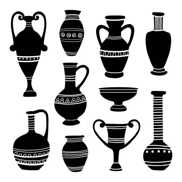 Vector illustration of Ancient clay vases. Egyptian and Hellenic pots, amphoras and jugs. Art and crafts concept. Hand drawing black archeological silhouettes. Vector flat cartoon illustration.