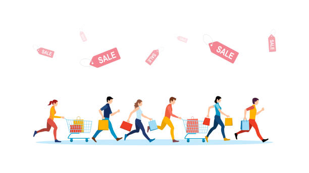 illustrazioni stock, clip art, cartoni animati e icone di tendenza di design icona piatta di persone che trasportano borse della spesa e corrono nel centro commerciale con etichetta di vendita - shopping mall retail shopping sale