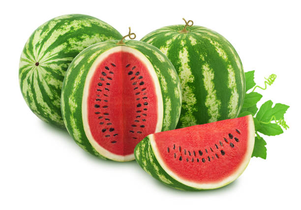 istock Composition with cutted ripe watermelons and leaves isolated on white background. As design elements. 1168971606