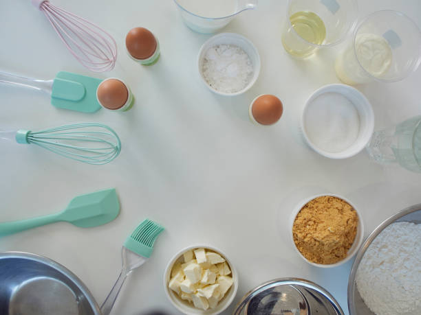 istock Baking equipment and ingredients contain flour, butter, eggs, milk, sugar. 1168971625