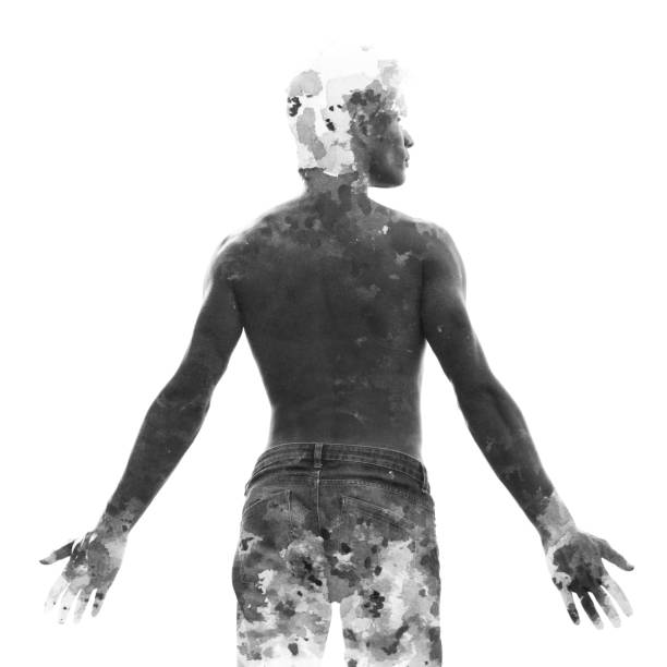 paintography. double exposure of a young shirtless male model blended with hand drawn paintings - shirtless men bizarre male imagens e fotografias de stock