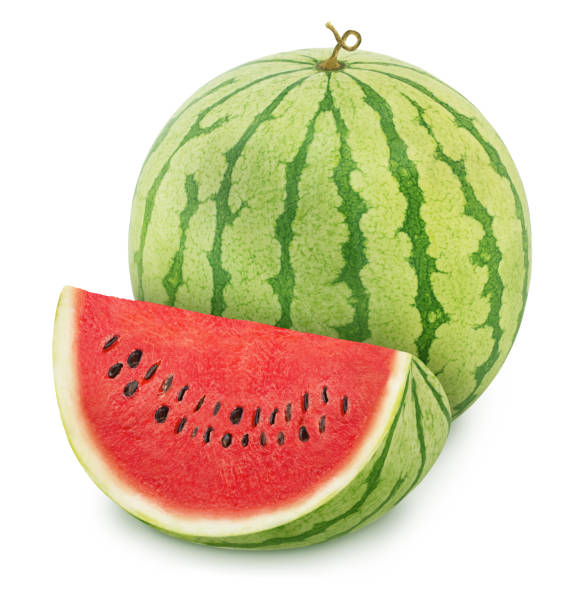 istock Whole ripe watermelon with quarter isolated on white background. 1168973099