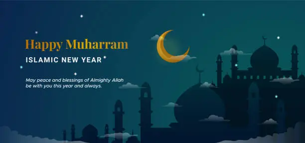 Vector illustration of Happy muharram islamic new hijri year background. Holy great mosque silhouette with crescent moon at night scene vector illustration. Muslim community festival backdrop banner template design.