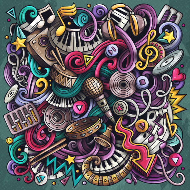 Music hand drawn vector doodles illustration. Musical poster design. Music hand drawn vector doodles illustration. Musical poster design. Sound elements and objects cartoon background. Bright colors funny picture. All items are separated bass guitar wallpaper stock illustrations