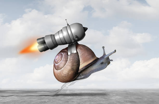Business Acceleration Concept Business acceleration concept as a snail with a jet pack engine to accelerate success as a metaphor for innovation and finding a creative solution with 3D illustration elements. snail stock pictures, royalty-free photos & images