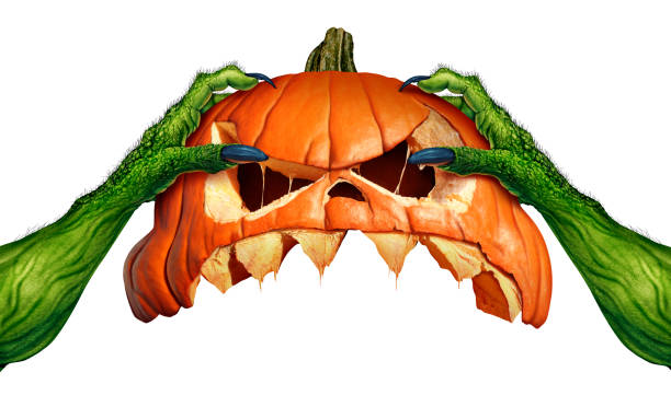 Monster halloween pumpkin green ogre hands holding a creepy pumpkin head jack o lantern that is as an autumn seasonal symbol for horror and spooky ritual on a white background in a 3D illustration style..