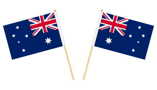 zwei kleine australische flaggen isoliert auf weißem hintergrund, vektor-illustration. mini-flagge von australien an der stange - australia australia day celebration flag stock-grafiken, -clipart, -cartoons und -symbole