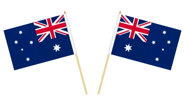 Vector illustration of Two small Australian flags isolated on white background, vector illustration. Mini flag of Australia on pole