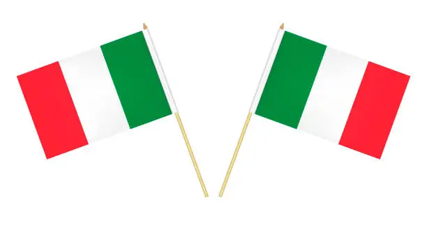 Vector illustration of Two small Italian flags isolated on white background, vector illustration. Flag of Italy on pole