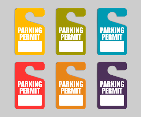 Parking permit hang tag, color vector set. Hanging pass sign for car.