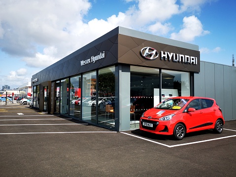 Cardiff, UK: August 19, 2019: Hyundai Car Dealership. The Hyundai Motor Company, commonly known as Hyundai Motors, is a South Korean multinational automotive manufacturer headquartered in Seoul.