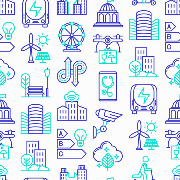 ilustraciones, imágenes clip art, dibujos animados e iconos de stock de patrón sin costuras de la ciudad inteligente con iconos de línea delgada: energía verde, urbanismo inteligente, movilidad eficiente, cero emisiones, transporte eléctrico, tráfico equilibrado, cctv, telemedicina. ilustración vectorial. - urbanity