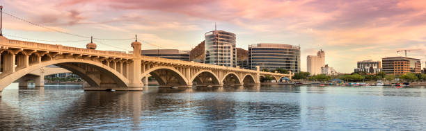 skyline view panorama of tempe arizona and the mill avenue bridge - phoenix downtown district skyline city imagens e fotografias de stock