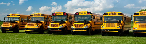 istock Panoramic line up of school buses in a field 1168983668
