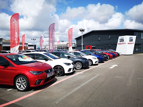 Cardiff, UK: August 19, 2019: SEAT Car Dealership with new and used cars on sale. SEAT is a Spanish automobile manufacturer with its head office in Martorell, Spain and was founded in 1950.