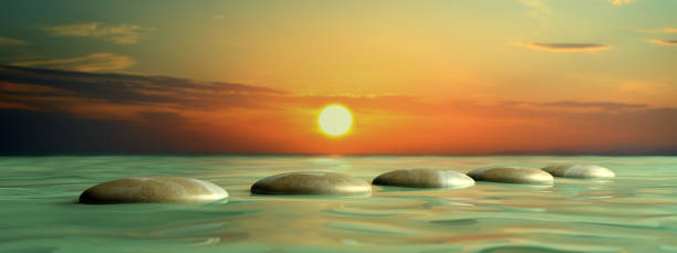 istock Zen stones row from large to small  in water with sky. 3d illustration 1168988905