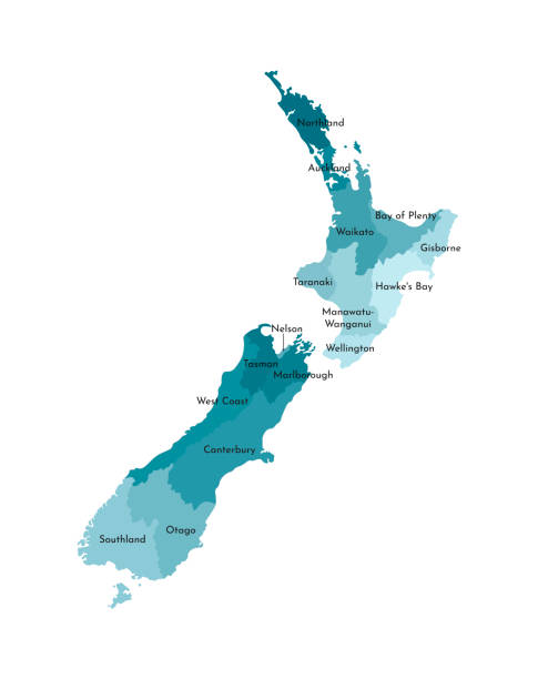 ilustraciones, imágenes clip art, dibujos animados e iconos de stock de ilustración aislada vectorial del mapa administrativo simplificado de nueva zelanda. bordes y nombres de las regiones. siluetas de colores azules caqui - auckland region