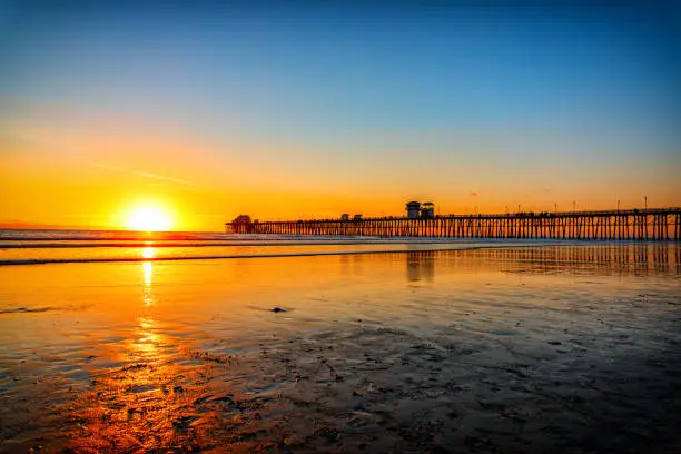 The Oceanside Pier, located in northern San Diego County about 30 miles north of the city of San Diego, shot at sunset.