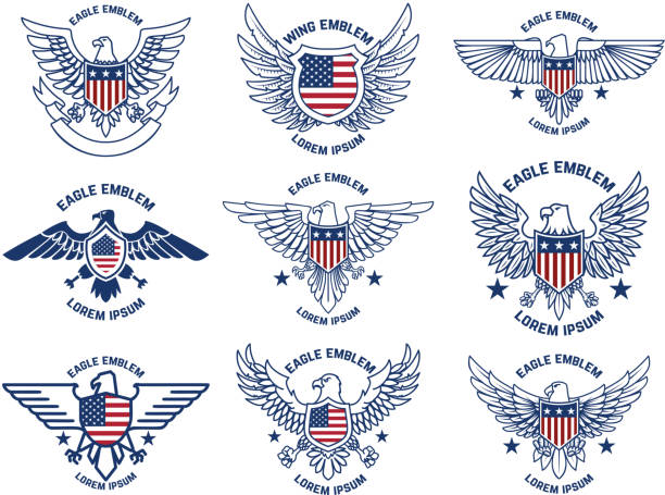 ilustraciones, imágenes clip art, dibujos animados e iconos de stock de conjunto de emblemas con águilas y banderas de ee. uu. elemento de diseño para póster, emblema, signo, etiqueta. ilustración vectorial - eagles