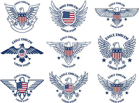Set of emblems with eagles and usa flags. Design element for poster, emblem, sign,label. Vector illustration