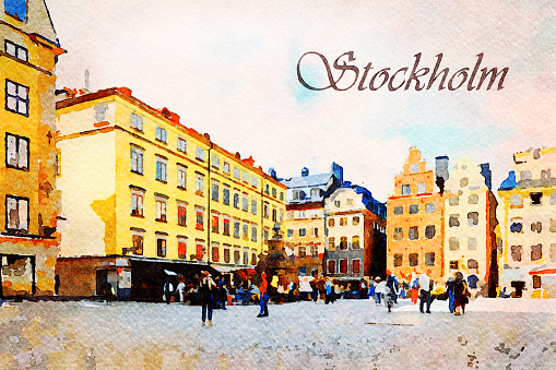 Digital art painting canvas - colorful facade of historic patrician houses in Stortorget Square in  the Old Town of Stockholm in Sweden with tourists (watercolor effect)