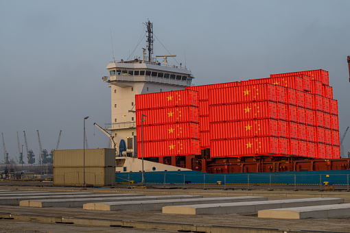 Chinese ship with containers at the port