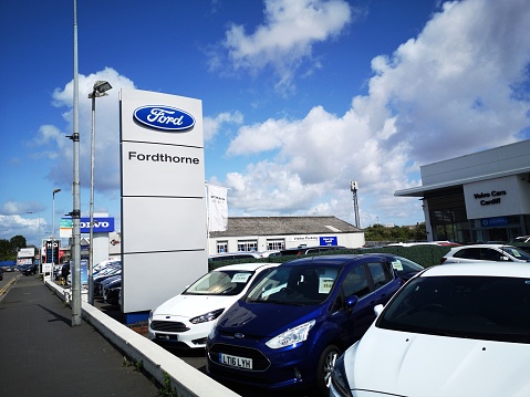 Cardiff, UK: August 19, 2019: Fordthorne is a Ford Dealership with new and used cars for sale. Ford Motor Company is an American multinational automaker founded in Detroit in 1903 by Henry Ford.