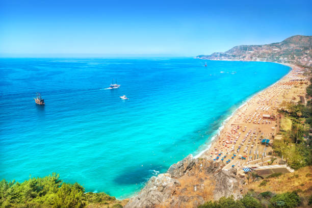 Mediterranean Sea from the height Mediterranean Sea from the height of the cable car and Cleopatra Beach in Alanya in Turkey antalya province photos stock pictures, royalty-free photos & images