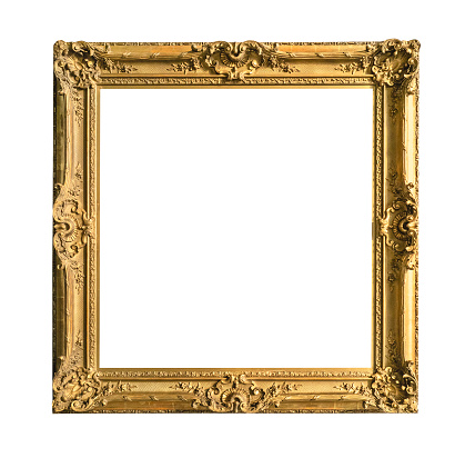 retro wide decorated baroque painting frame painted in gold color cutout on white background
