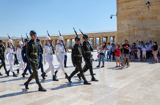 ANKARA, TURKEY - JULY 29, 2019: The guard shift ceremony in Mausoleum of Ataturk - Ankara, Turkey