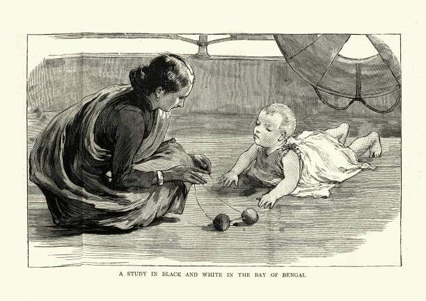 ilustrações de stock, clip art, desenhos animados e ícones de indian woman looking after a british baby, victorian, 19th century - british empire