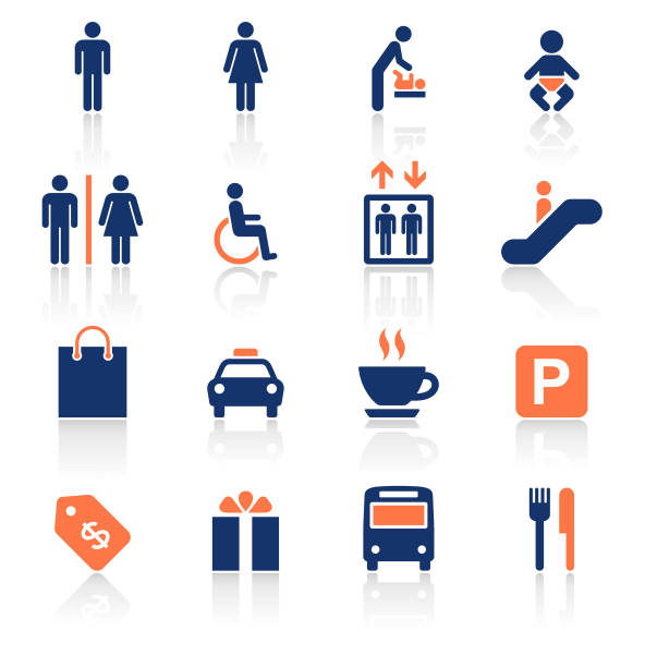 Shopping Mall Two Color Icons Set An illustration of shopping mall two color icons set for your web page, presentation, apps and design products. Vector format can be fully scalable & editable. mens room stock illustrations