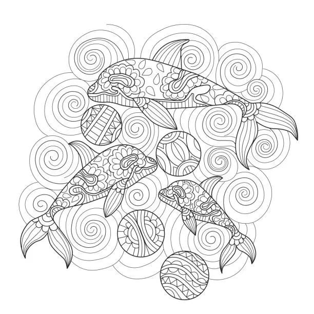 Vector illustration of Hand drawn illustration of dolphins and balls in zentangle style for adult coloring book.