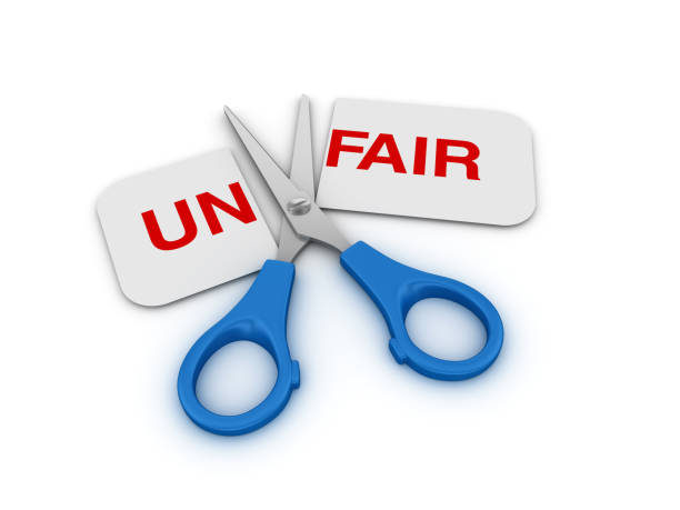 Scissors Cutting a Paper with UNFAIR Word - 3D Rendering Scissors Cutting a Paper with UNFAIR Word - White Background - 3D Rendering breaking glass ceiling stock pictures, royalty-free photos & images