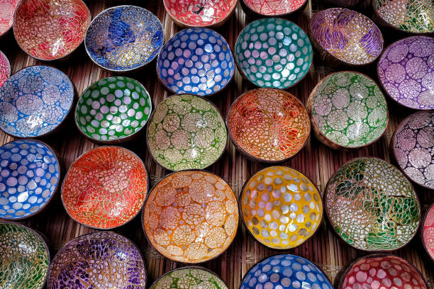 BAC HA, VIETNAM - AUGUST 26: Decorative Bowls in a market on August 26, 2018 in Bac Ha, Vietnam.