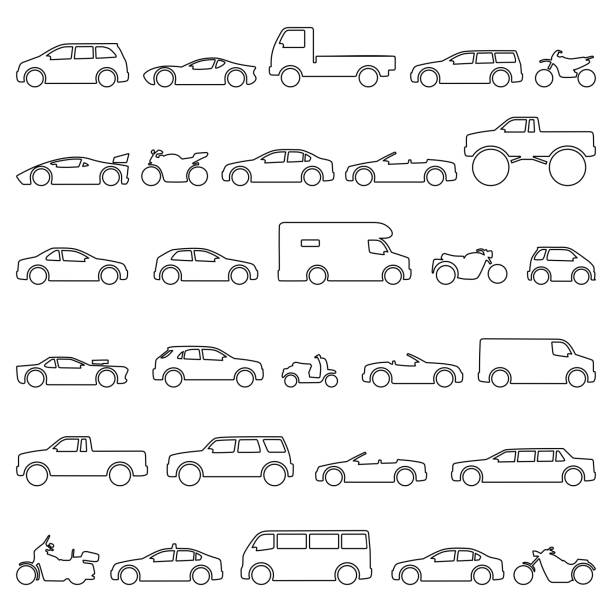 Car and Motorcycle type icons set. Title models moto and automobile Car and Motorcycle type icons set. Vector black illustration isolated on white background. Variants of model automobile and moto body silhouette for web with title. ford truck black stock illustrations