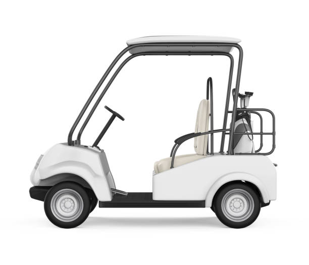 wide angle shot of grass, golf clubs and golf car in a 