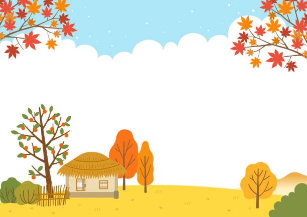 jesienny krajobraz z tradycyjnymi domami sachanymi - thatched roof illustrations stock illustrations