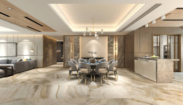 istock 3d render of dining and living room interior. 1169004897