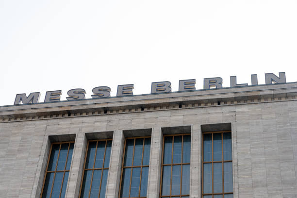 Berlin, Berlin/Germany - 23.03.2019: The lettering and the entrance building of Messe Berlin at Messedamm, photographed diagonally from bottom to top