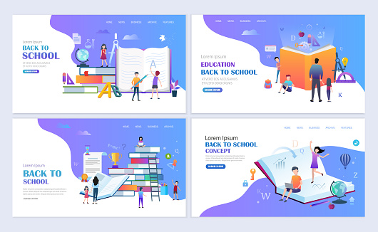Set of templates web page design. Children with books. Education, back to school, e-learning modern flat design concept. Web page design for website and mobile website. Vector illustration.