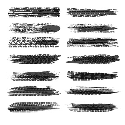 Set of different black tire tracks isolated on white background