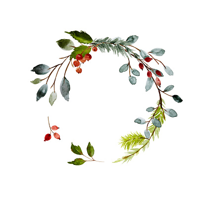 Hand drawn watercolor illustration. Christmas Wreath with winter berries and rose hips
