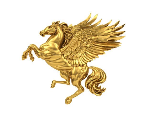 istock Golden flying horse Pegasus isolated on white background (with clipping path). 3D Rendering 1169014052