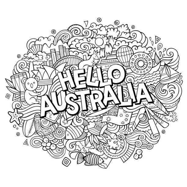 Vector illustration of Cartoon cute doodles hand drawn Hello Australia inscription