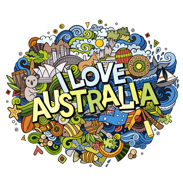 illustrazioni stock, clip art, cartoni animati e icone di tendenza di cartone animato carino doodles disegnato a mano i love australia iscrizione - koala australia sydney australia animal