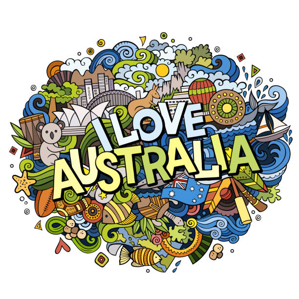 cartoon cute doodles ręcznie rysowane i love australia napis - sydney australia skyline city australia stock illustrations
