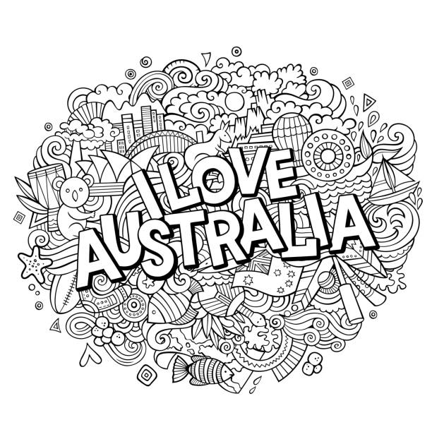 мультфильм милые каракули рисовать я люблю австралию надпись - kangaroo flag australia australian culture stock illustrations